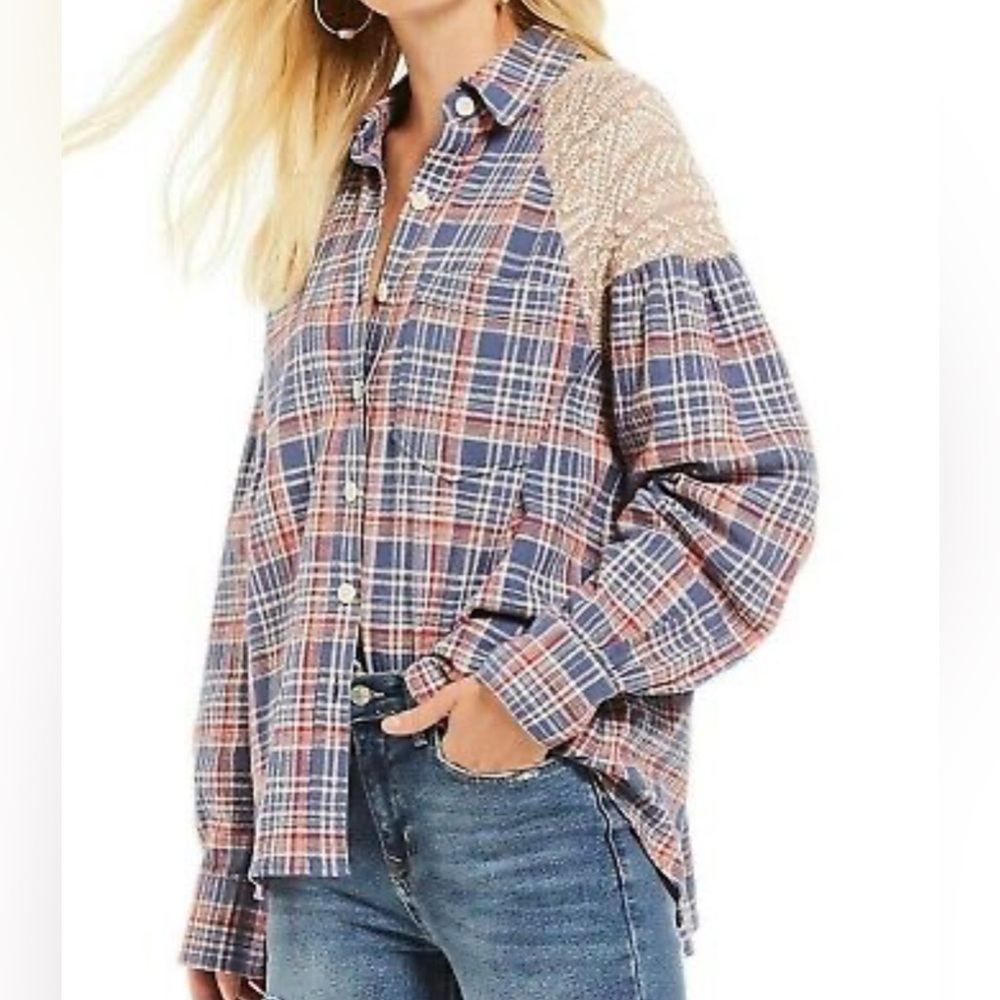 FREE PEOPLE Fireside Nights Plaid & Knit Long Sleeve Blouse Cloudy Combo Size S - Picture 3 of 15